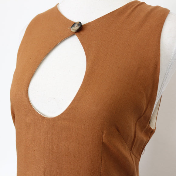YDE Tan Linen Basque-Waist Maxi Dress with Accent Neckline (M)