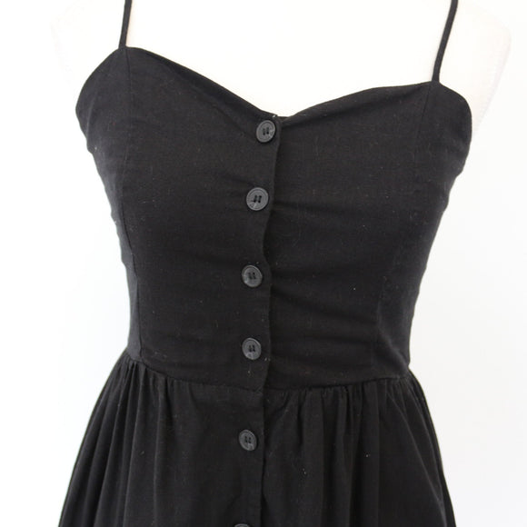 H&M Black Linen-Blend Button-Up Midi Dress (Size 8)