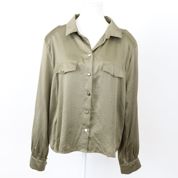 Foschini Olive Green Long-Sleeve Satin Shirt, Size L