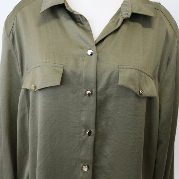 Foschini Olive Green Long-Sleeve Satin Shirt, Size L