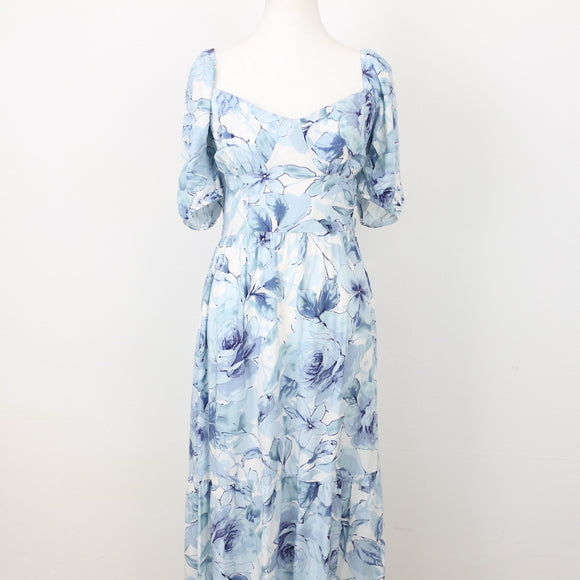 Milla Blue Floral Open-Back Midi Dress, Size 12