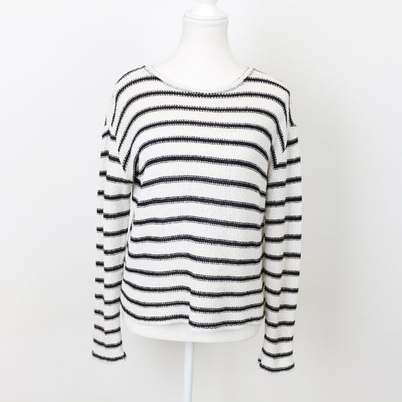 ZARA Black and Cream Long-Sleeve Jersey Blouse, Size S