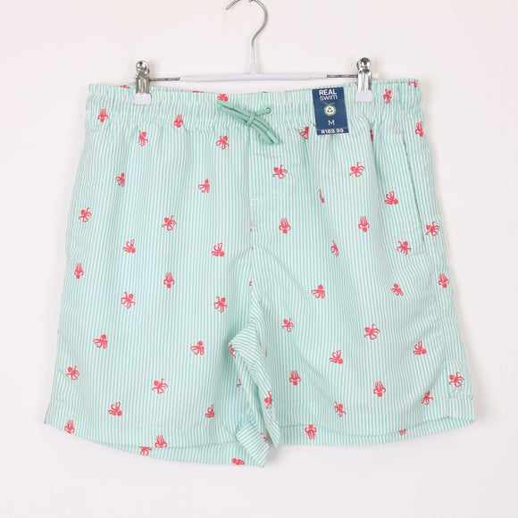 Cream and Green Striped Swim Shorts, Size M
