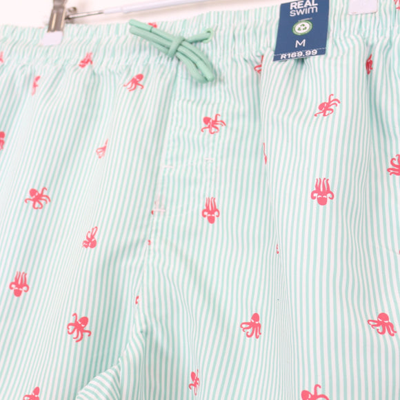 Cream and Green Striped Swim Shorts, Size M