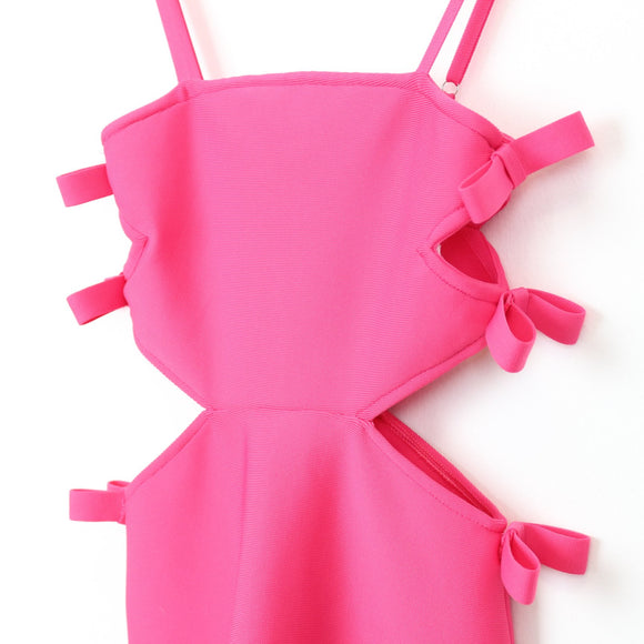 Bright Pink Bodycon Dress, Bow Details and Cutouts, Size XS