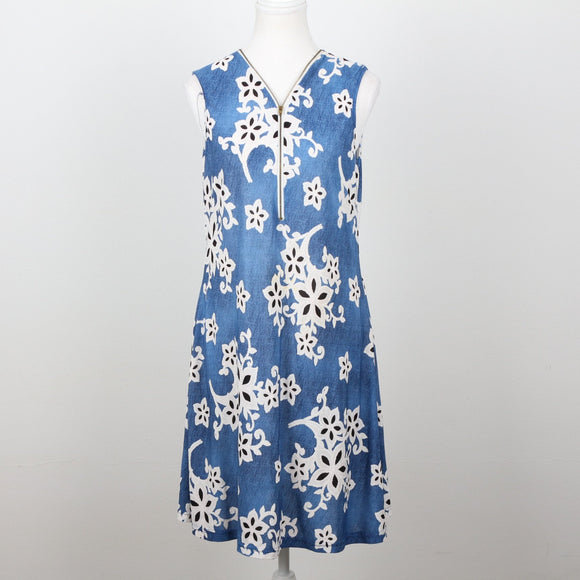 Blue Floral Appliqué Sleeveless A-Line Dress with Zip Neckline – Size M