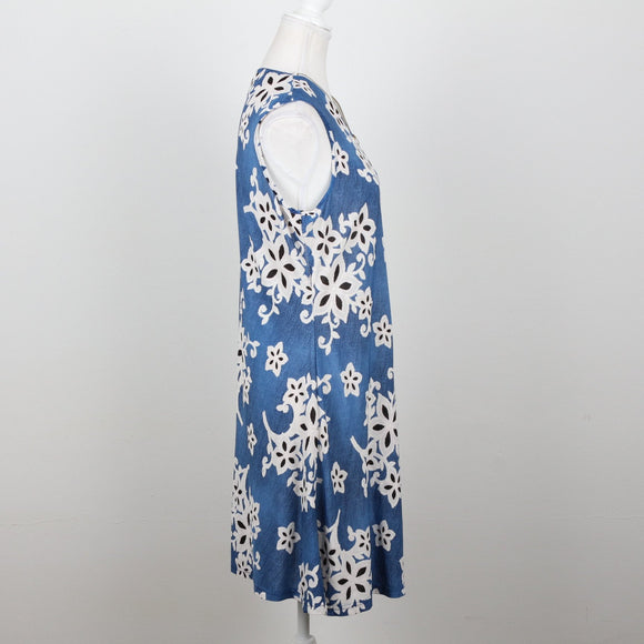 Blue Floral Appliqué Sleeveless A-Line Dress with Zip Neckline – Size M