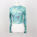 Green & Blue Sheer Long Sleeve Crop Top | Size S-1