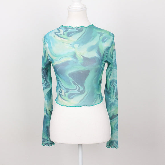 Green & Blue Sheer Long Sleeve Crop Top | Size S