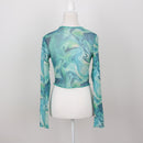 Green & Blue Sheer Long Sleeve Crop Top | Size S-2