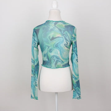 Green & Blue Sheer Long Sleeve Crop Top | Size S - 0