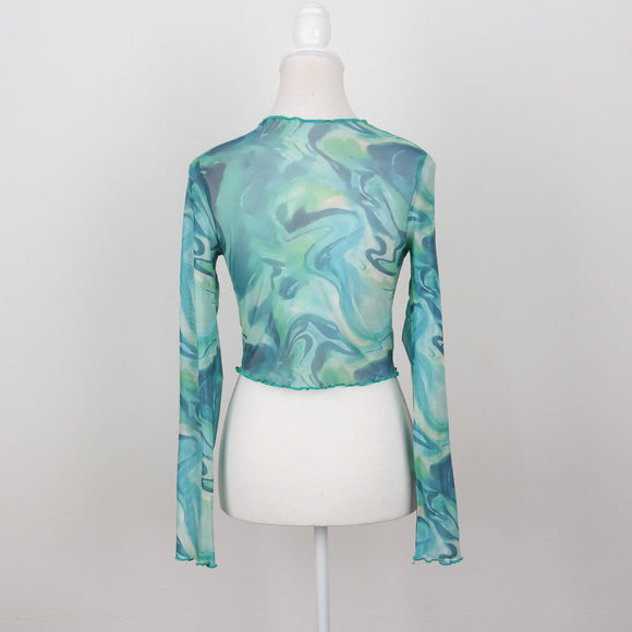 Green & Blue Sheer Long Sleeve Crop Top | Size S
