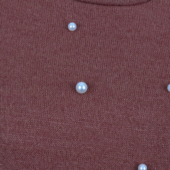 Burnt Orange Pearl-Embellished Soft Knit Top – Size M