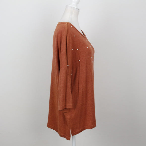 Burnt Orange Pearl-Embellished Soft Knit Top – Size M