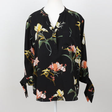 Black Tropical Floral Tie-Cuff V-Neck Blouse – Size L