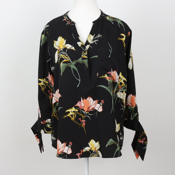 Black Tropical Floral Tie-Cuff V-Neck Blouse – Size L