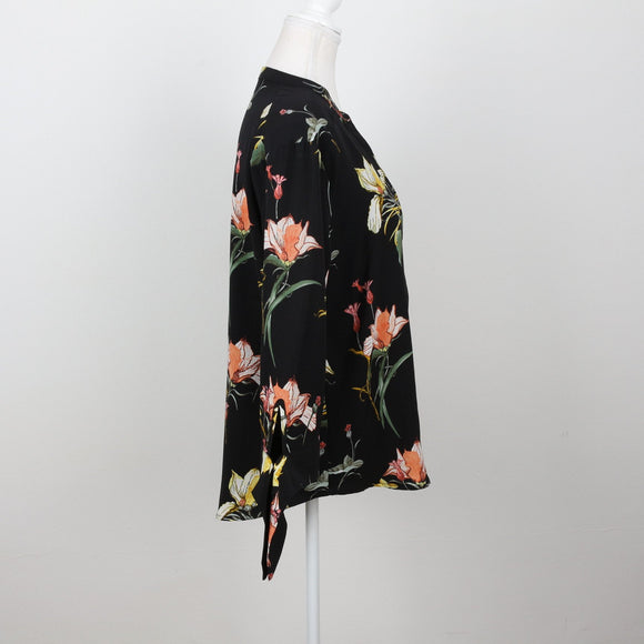 Black Tropical Floral Tie-Cuff V-Neck Blouse – Size L