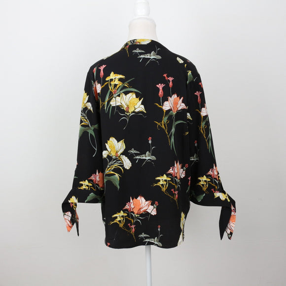 Black Tropical Floral Tie-Cuff V-Neck Blouse – Size L