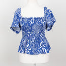 H&M Blue & White Botanical Print Smocked Peplum Top – Size L-1