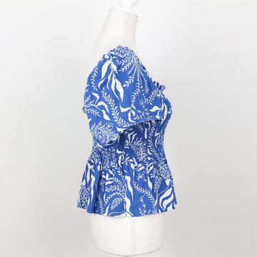 H&M Blue & White Botanical Print Smocked Peplum Top – Size L - 0