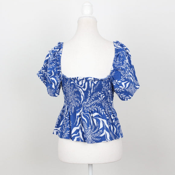 H&M Blue & White Botanical Print Smocked Peplum Top – Size L