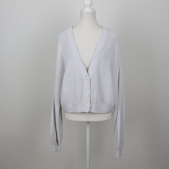 H&M Light Grey Open-Knit Cropped Button-Up Cardigan – Size M