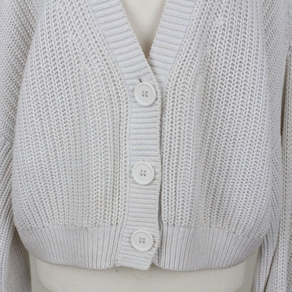 H&M Light Grey Open-Knit Cropped Button-Up Cardigan – Size M