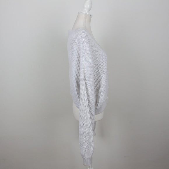 H&M Light Grey Open-Knit Cropped Button-Up Cardigan – Size M
