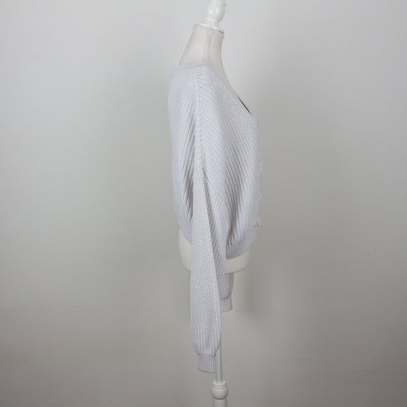 H&M Light Grey Open-Knit Cropped Button-Up Cardigan – Size M