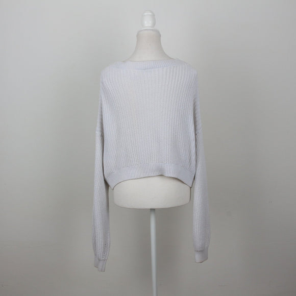 H&M Light Grey Open-Knit Cropped Button-Up Cardigan – Size M