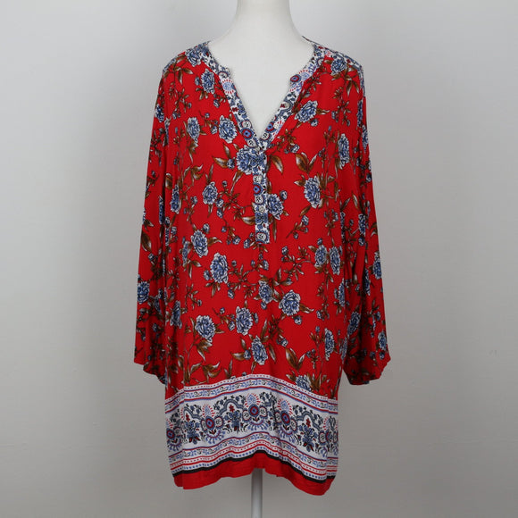 Contempo Red Blue Rose Border Print Boho Tunic Blouse – Size 24
