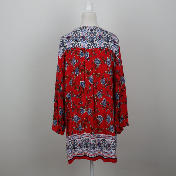 Contempo Red Blue Rose Border Print Boho Tunic Blouse – Size 24