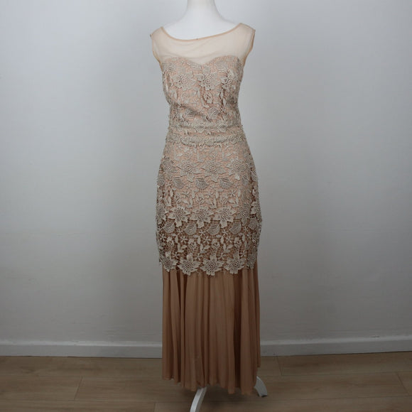 Champagne Floral Lace Bodice Pleated Chiffon Maxi Evening Gown – Size XL