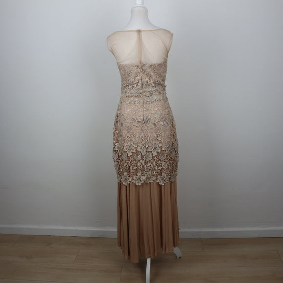 Champagne Floral Lace Bodice Pleated Chiffon Maxi Evening Gown – Size XL