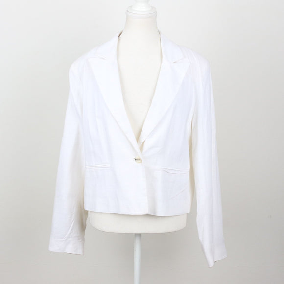 White Linen Single-Button Notch Lapel Cropped Blazer – Size M