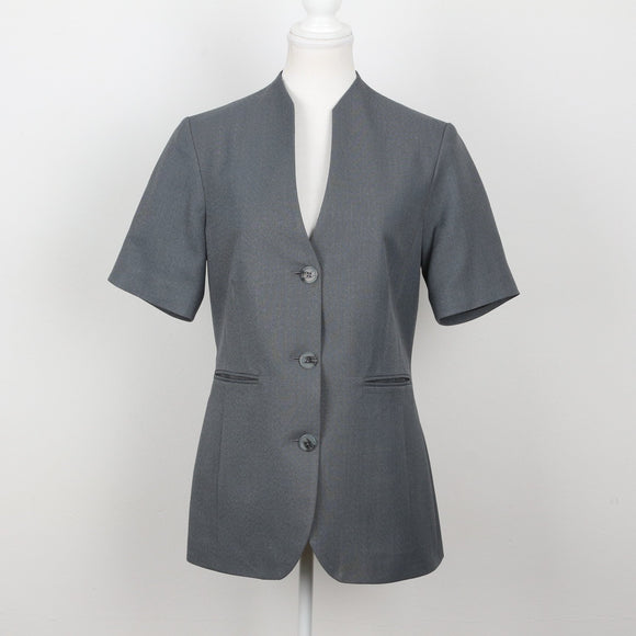 Slate Grey Collarless Short-Sleeve Three-Button Fitted Blazer – Size 32