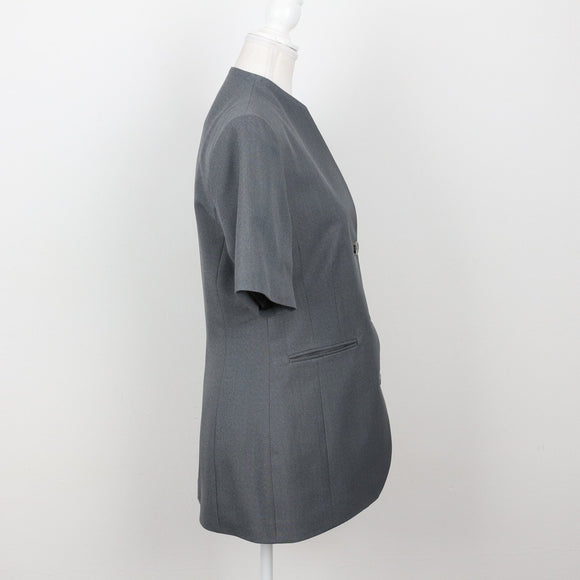 Slate Grey Collarless Short-Sleeve Three-Button Fitted Blazer – Size 32
