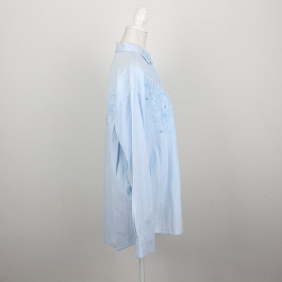 Powder Blue Tonal Floral Embroidered Button-Down Oversized Shirt – Size L