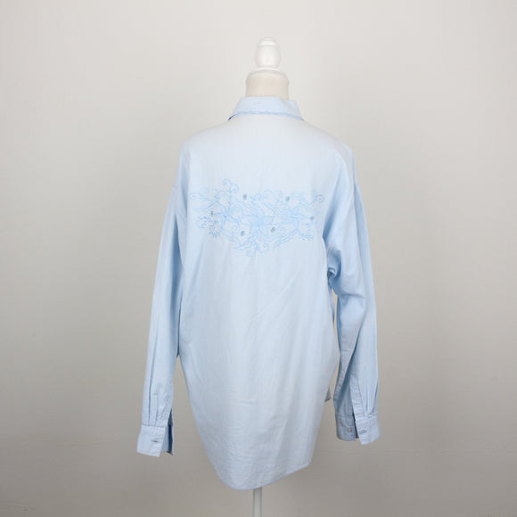 Powder Blue Tonal Floral Embroidered Button-Down Oversized Shirt – Size L