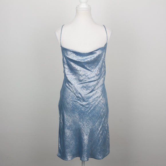 Zara Ice Blue Metallic Cowl Neck Slip Mini Dress – Size M