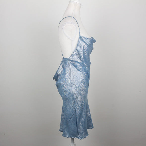 Zara Ice Blue Metallic Cowl Neck Slip Mini Dress – Size M
