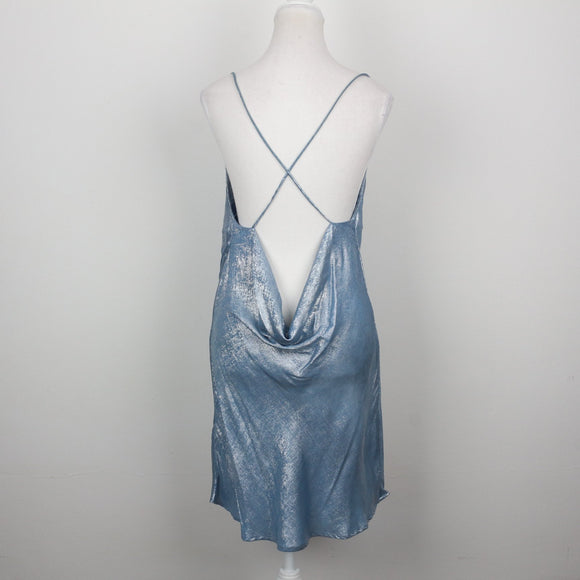 Zara Ice Blue Metallic Cowl Neck Slip Mini Dress – Size M