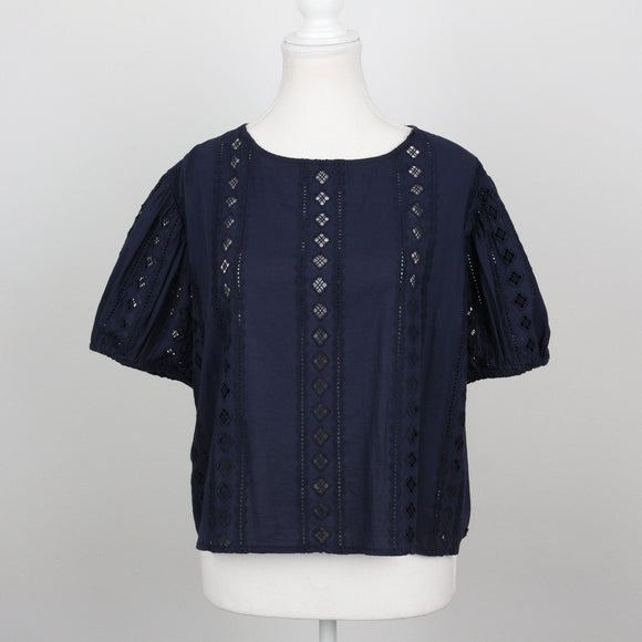 Truworths Navy Broderie Anglaise Puff-Sleeve Cropped Blouse – Size 42