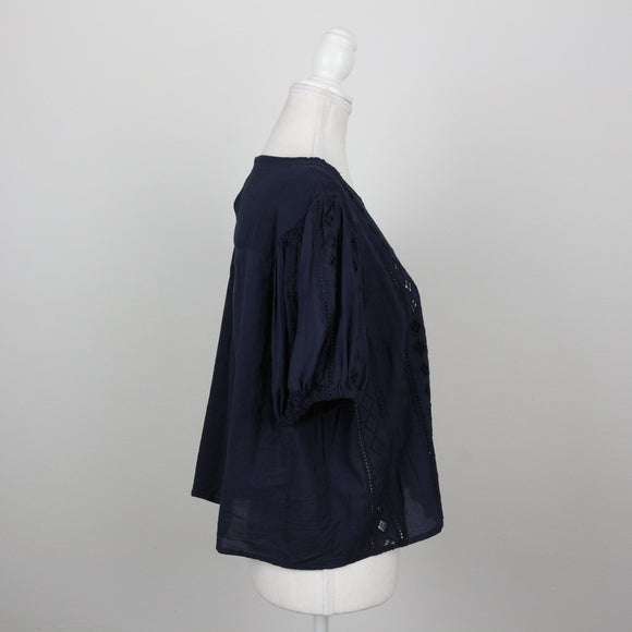 Truworths Navy Broderie Anglaise Puff-Sleeve Cropped Blouse – Size 42
