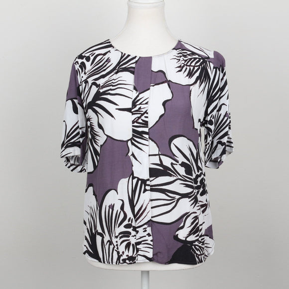 Poetry Mauve & White Bold Tropical Floral Print Short-Sleeve Blouse – Size 8