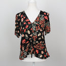 H&M Black Multi Floral Print V-Neck Tie-Front Flutter Blouse – Size 8-1