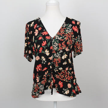H&M Black Multi Floral Print V-Neck Tie-Front Flutter Blouse – Size 8