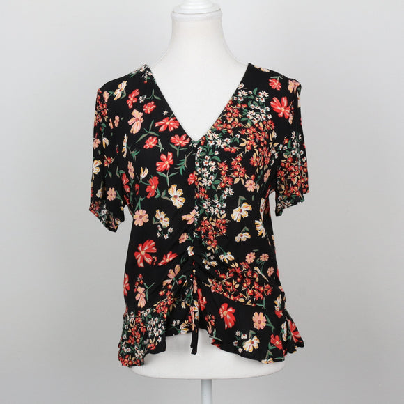 H&M Black Multi Floral Print V-Neck Tie-Front Flutter Blouse – Size 8
