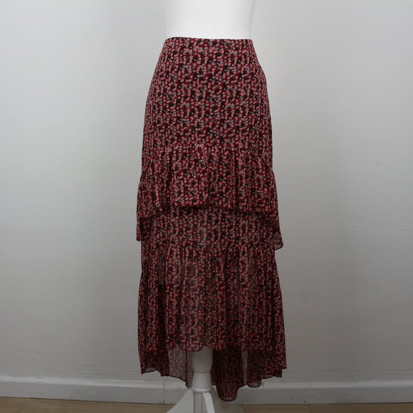 Primark Burgundy Ditsy Floral Tiered Chiffon Maxi Skirt – Size 40