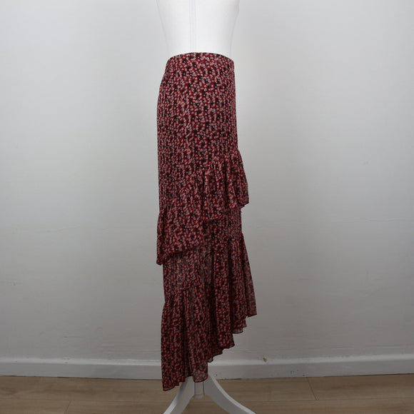Primark Burgundy Ditsy Floral Tiered Chiffon Maxi Skirt – Size 40